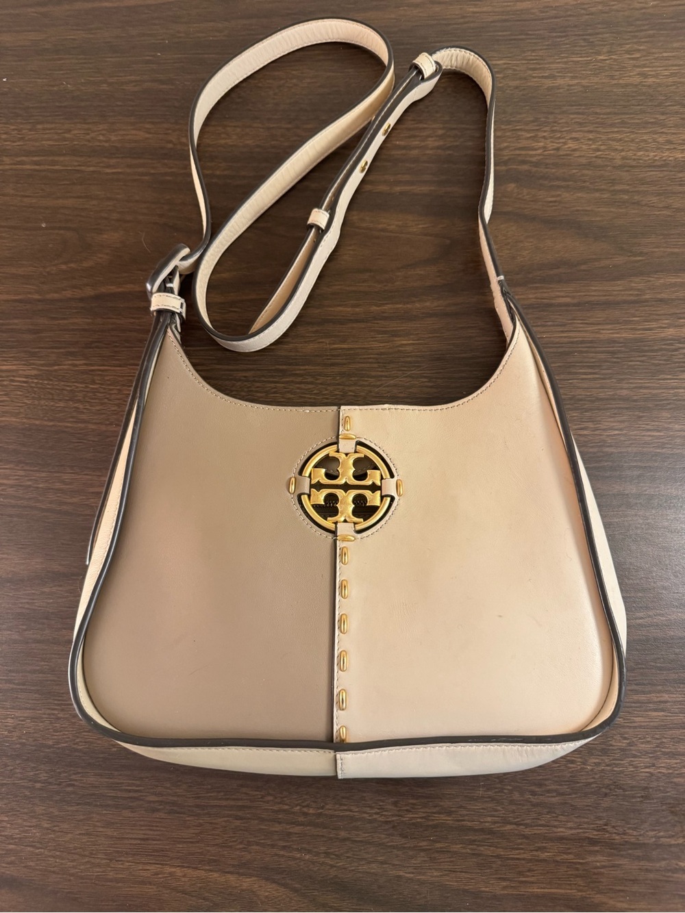 Tory Burch Miller Leather Hobo Crossbody Bag Cream Ivory Gold Logo Adjustable